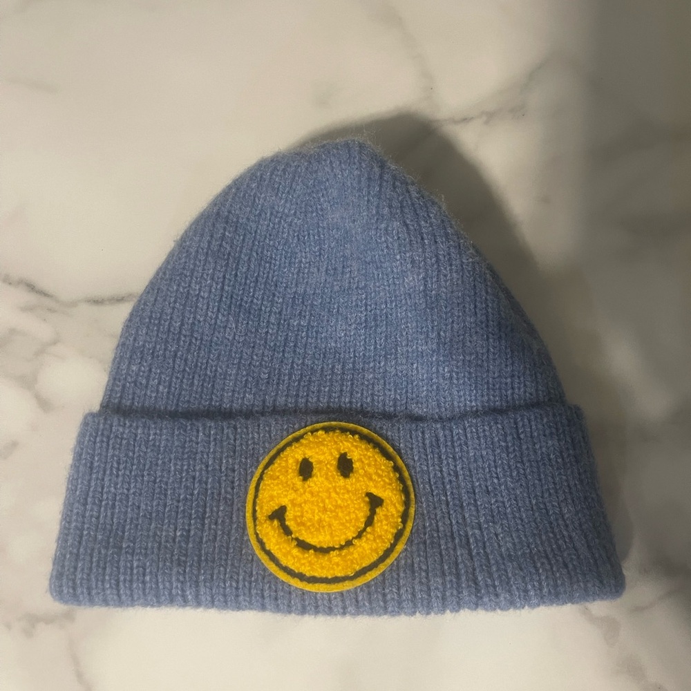 Blue Beanie with Smiley Patch